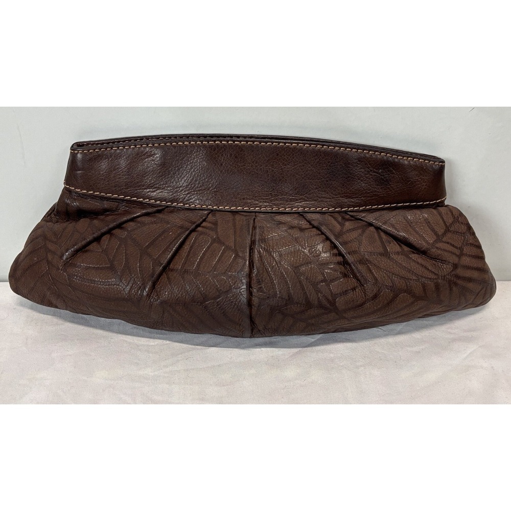 Vtg Fossil Tooled Leather clutch Brown Botanical Pattern